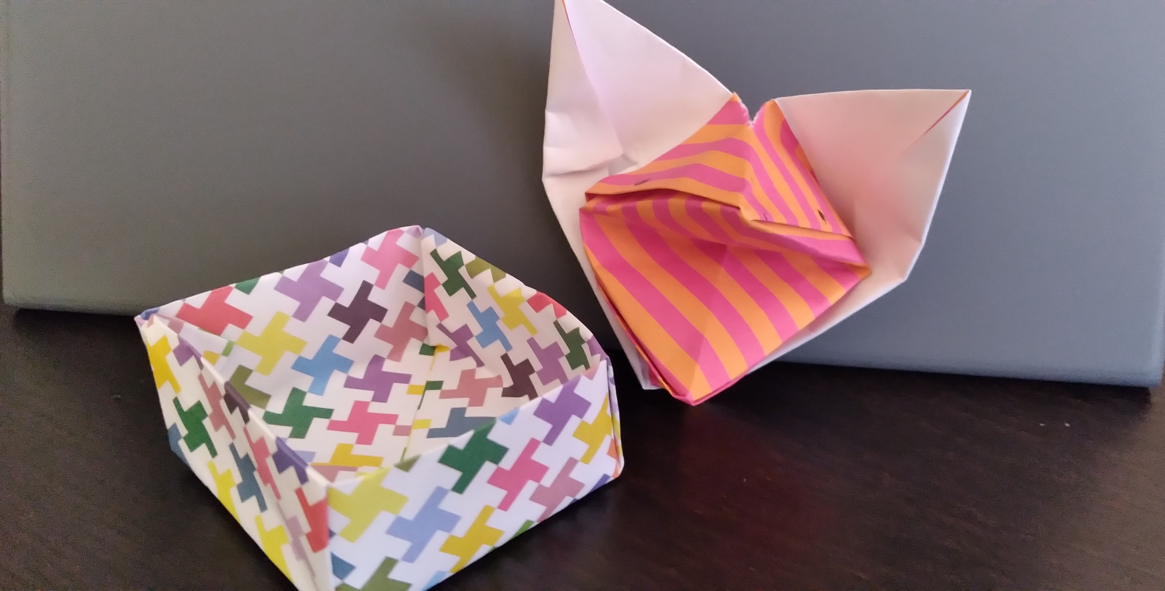 Finished Origami Fox Puppet and Box Side by Side